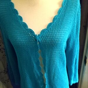 Not new,turquoise waffle weave knit cardigan with one button closure size large
